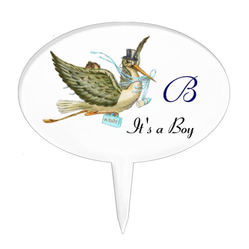 STORK BABY BOY SHOWER 2 MONOGRAM turquase Cake Topper