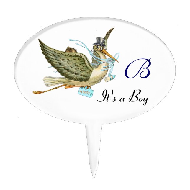 STORK BABY BOY SHOWER 2 MONOGRAM ,turquase Cake Topper (Front)