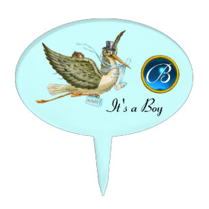 STORK BABY BOY SHOWER 2 MONOGRAM ,turquase Cake Topper