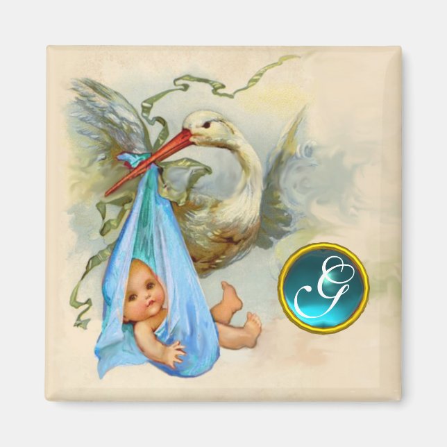 STORK BABY BOY SHOWER 2 MONOGRAM ,turquase Magnet (Front)