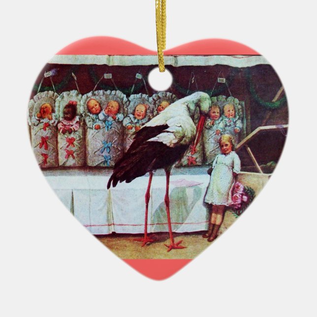 STORK BABY BOY SHOWER 3 MONOGRAM Red Ruby Ceramic Ornament (Front)