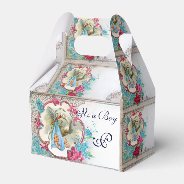 STORK BABY BOY SHOWER BLUE GEM MONOGRAM White Favor Boxes (Front Side)