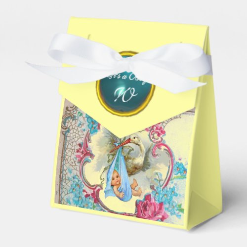 STORK BABY BOY SHOWER BLUE GEM MONOGRAM Yellow Favor Boxes