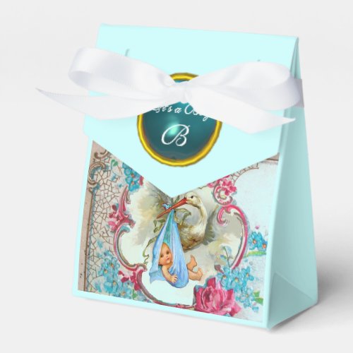 STORK BABY BOY SHOWER BLUE GEM STONE MONOGRAM FAVOR BOXES