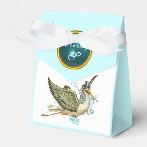 STORK BABY BOY SHOWER BLUE GEM STONE MONOGRAM FAVOR BOXES