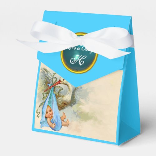 STORK BABY BOY SHOWER BLUE GEM STONE MONOGRAM FAVOR BOXES