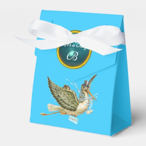 STORK BABY BOY SHOWER BLUE GEM STONE MONOGRAM FAVOR BOXES