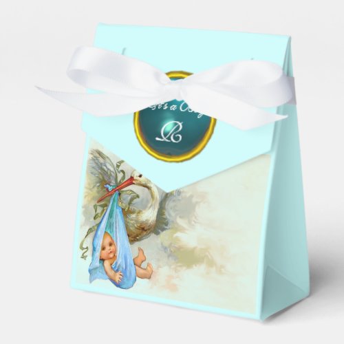 STORK BABY BOY SHOWER BLUE GEM STONE MONOGRAM FAVOR BOXES