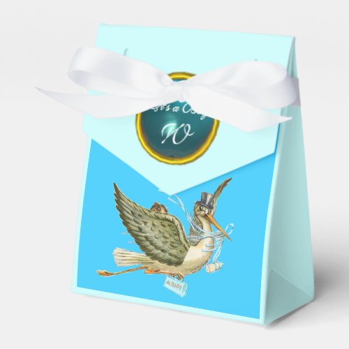 STORK BABY BOY SHOWER BLUE GEM STONE MONOGRAM FAVOR BOXES