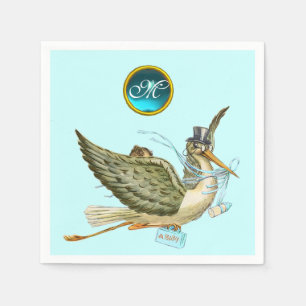 STORK BABY BOY SHOWER BLUE GEM STONE MONOGRAM NAPKINS