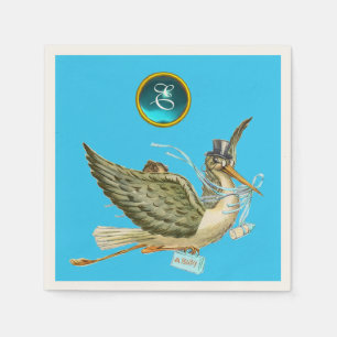 STORK BABY BOY SHOWER BLUE GEM STONE MONOGRAM NAPKINS