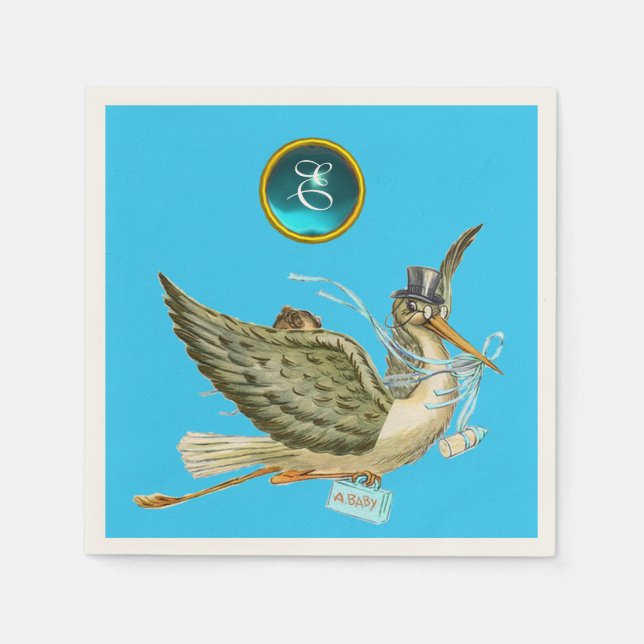 STORK BABY BOY SHOWER BLUE GEM STONE MONOGRAM NAPKINS (Front)