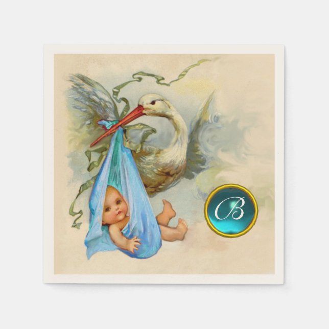 STORK BABY BOY SHOWER BLUE GEM STONE MONOGRAM PAPER NAPKINS (Front)