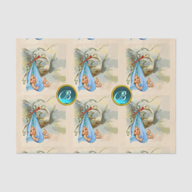 STORK BABY BOY SHOWER BLUE GEM STONE MONOGRAM TISSUE PAPER (Front)