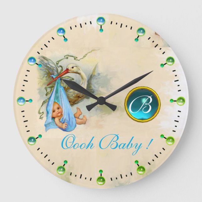 STORK BABY BOY SHOWER BLUE GEMSTONE MONOGRAM LARGE CLOCK (Front)