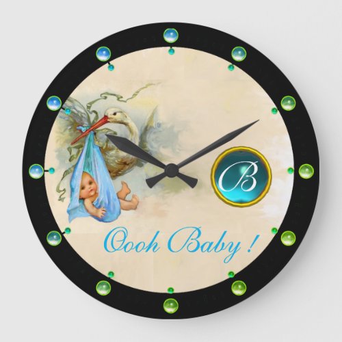 STORK BABY BOY SHOWER BLUE GEMSTONE MONOGRAM LARGE CLOCK