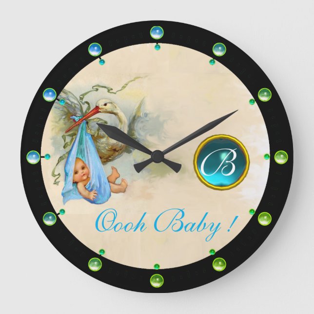 STORK BABY BOY SHOWER BLUE GEMSTONE MONOGRAM LARGE CLOCK (Front)