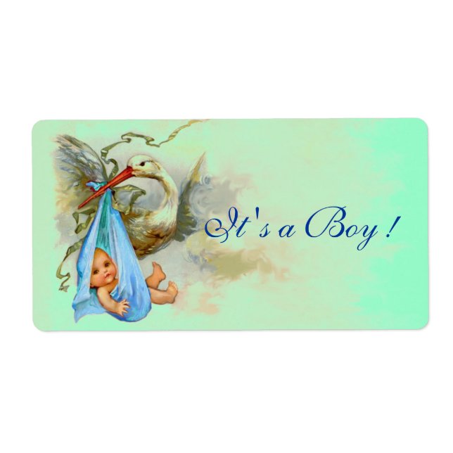 STORK BABY BOY SHOWER BLUE GREEN LABEL (Front)