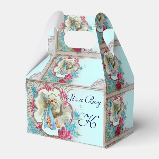 STORK BABY BOY SHOWER BLUE MONOGRAM FAVOR BOXES (Front Side)