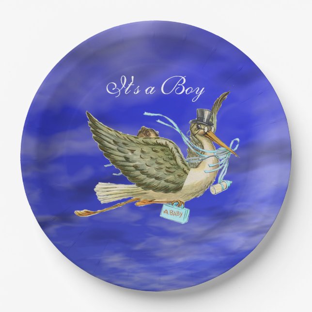 STORK BABY BOY SHOWER Blue Sky Paper Plates (Front)