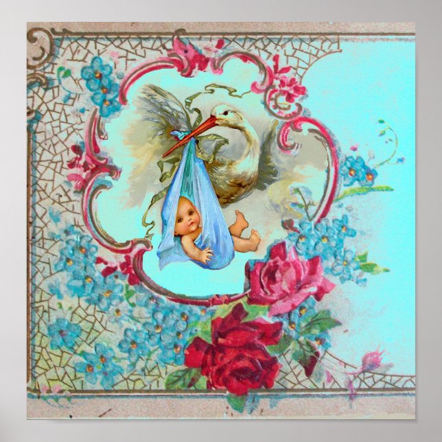 STORK BABY BOY SHOWER blue turquase Poster (Front)