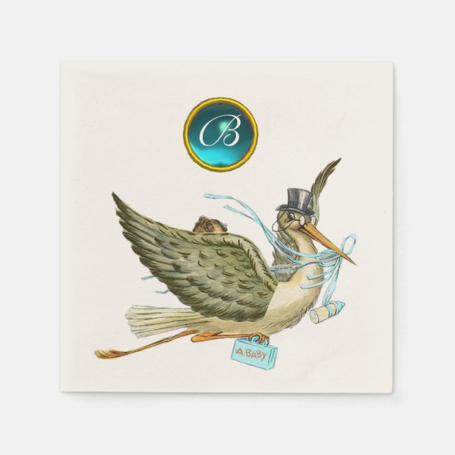 STORK BABY BOY SHOWER BLUR GEM STONE MONOGRAM PAPER NAPKINS (Front)
