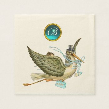 Stork Baby Boy Shower Blur Gem Stone Monogram Paper Napkins by bulgan_lumini at Zazzle