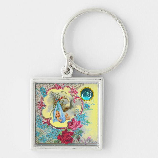 STORK BABY BOY SHOWER GEM MONOGRAM KEYCHAIN (Front)