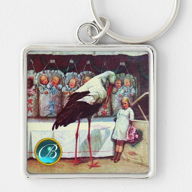 STORK BABY BOY SHOWER GEM MONOGRAM KEYCHAIN (Front)