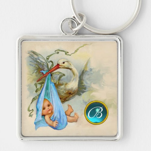 STORK BABY BOY SHOWER GEM MONOGRAM KEYCHAIN