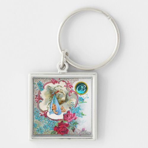 STORK BABY BOY SHOWER GEM MONOGRAM KEYCHAIN