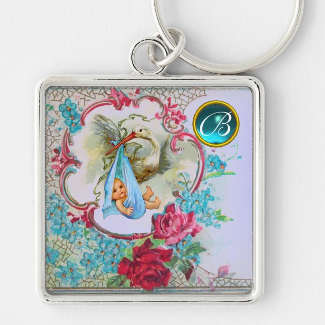 STORK BABY BOY SHOWER GEM MONOGRAM KEYCHAIN (Front)