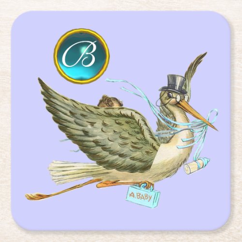 STORK BABY BOY SHOWER GEM MONOGRAM SQUARE PAPER COASTER