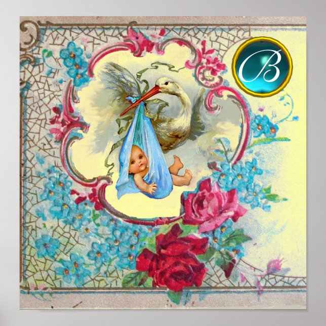 STORK BABY BOY SHOWER  Gem Stone Monogram Yellow Poster (Front)