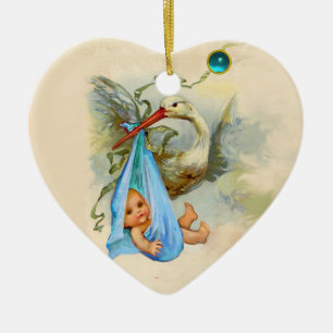 STORK BABY BOY SHOWER HEART MONOGRAM BLUE SAPPHIRE CERAMIC ORNAMENT