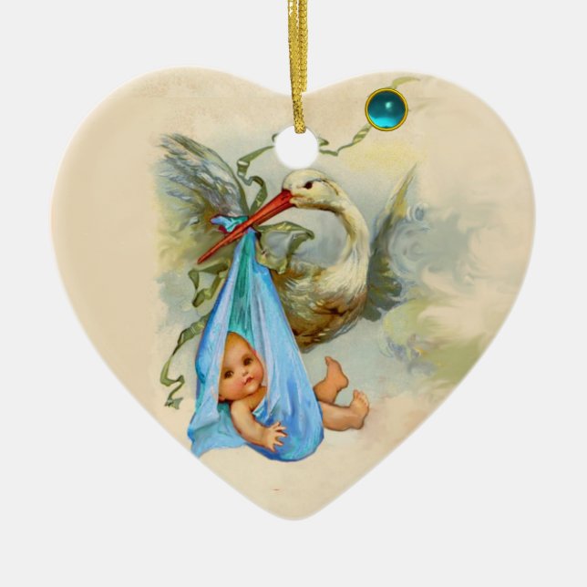 STORK BABY BOY SHOWER HEART MONOGRAM BLUE SAPPHIRE CERAMIC ORNAMENT (Front)