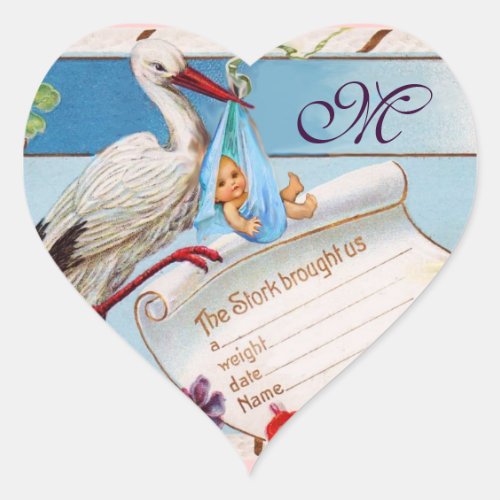 STORK BABY BOY SHOWER HEART MONOGRAM HEART STICKER