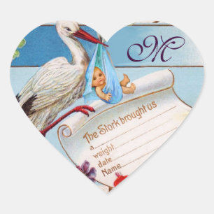 STORK BABY BOY SHOWER HEART MONOGRAM STICKER