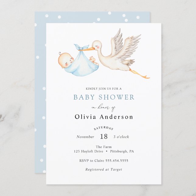 Stork Baby Boy Shower Invitation (Front/Back)