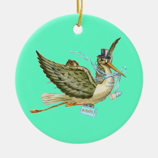 STORK BABY BOY SHOWER MONOGRAM  Blue Aquamarine Ceramic Ornament (Front)