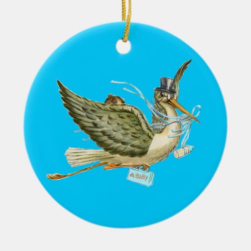 STORK BABY BOY SHOWER MONOGRAM  Blue Aquamarine Ceramic Ornament