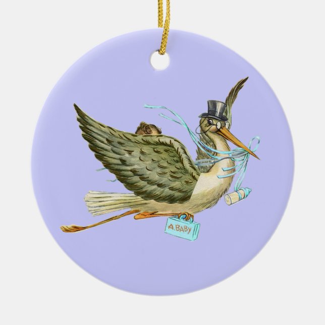 STORK BABY BOY SHOWER MONOGRAM  Blue Aquamarine Ceramic Ornament (Front)