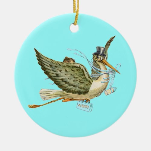 STORK BABY BOY SHOWER MONOGRAM  Blue Aquamarine Ceramic Ornament