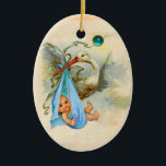 STORK BABY BOY SHOWER MONOGRAM BLUE SAPPHIRE CERAMIC ORNAMENT<br><div class="desc">Elegant , colorful, vibrant vintage style teal blue white design with a baby and flying stork and a bright 3D gemstone by Bulgan Lumini (c). Easy to customize with your own text for announcements save-the-date , thank you, baby showers, child's birthday parties , or just about any event you wish!...</div>