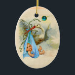STORK BABY BOY SHOWER MONOGRAM BLUE SAPPHIRE CERAMIC ORNAMENT<br><div class="desc">Elegant , colorful, vibrant vintage style teal blue white design with a baby and flying stork and a bright 3D gemstone by Bulgan Lumini (c). Easy to customize with your own text for announcements save-the-date , thank you, baby showers, child's birthday parties , or just about any event you wish!...</div>