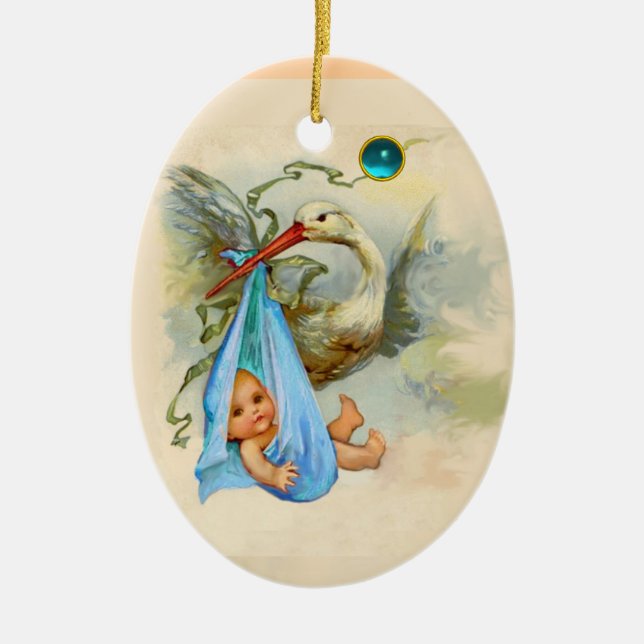 STORK BABY BOY SHOWER MONOGRAM BLUE SAPPHIRE CERAMIC ORNAMENT (Front)