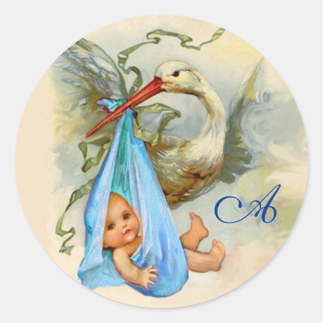 STORK BABY BOY SHOWER  MONOGRAM , CLASSIC ROUND STICKER (Front)