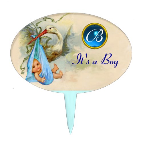 STORK BABY BOY SHOWER MONOGRAM Turquoise Blue Cake Topper