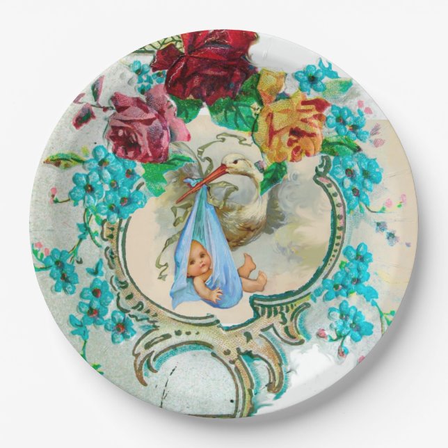 STORK BABY BOY SHOWER PAPER PLATES (Front)