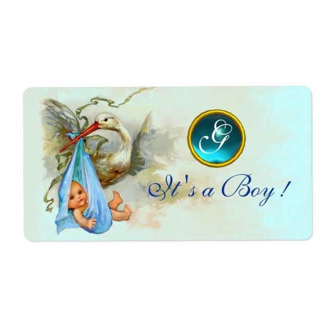 STORK BABY BOY SHOWER TEAL BLUE GEM MONOGRAM LABEL (Front)